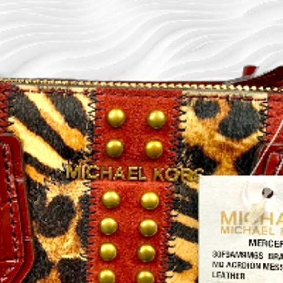 Michael Kors Mercer Medium Red Leopard Calf Hair‎ Gold Studded Accordion Handbag - Picture 2 of 4